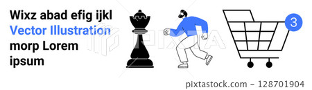 Chess piece, running person, and shopping cart with notification indicate strategic shopping and proactive movements. Ideal for e-commerce, strategy, business planning, online shopping, urgency 128701904