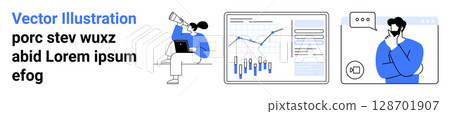 Person with a laptop, charts with data, another person in a video call. Ideal for analytics, remote work, communication, business, technology, data visualization, online meetings. Landing page 128701907