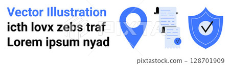Blue location pin, documents, and shield with checkmark represent navigation, security, and information management. Ideal for mapping, security apps, document management, business, software Blue location pin, documents, and shield with checkmark represent navigation, security, and information management. Ideal for mapping, security apps, document management, business, software 128701909