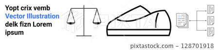 Balance scale, abstract shoe, and flowchart diagram. Ideal for justice, fashion, organization, abstract concepts, balance, infographics business Landing page Balance scale, abstract shoe, and flowchart diagram. Ideal for justice, fashion, organization, abstract concepts, balance, infographics business Landing page 128701918