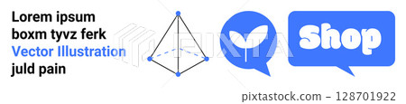 Geometric shape with dotted lines and a shop icon with a leaf inside a chat bubble. Ideal for geometry, shopping, commerce, communication, and environmental themes. Banner for landing page Geometric shape with dotted lines and a shop icon with a leaf inside a chat bubble. Ideal for geometry, shopping, commerce, communication, and environmental themes. Banner for landing page 128701922