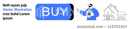 Large blue BUY button, man with shield icon, and house illustration. Ideal for e-commerce, security, online shopping, real estate, digital transactions, website design, user interfaces. Landing page Large blue BUY button, man with shield icon, and house illustration. Ideal for e-commerce, security, online shopping, real estate, digital transactions, website design, user interfaces. Landing page 128701924