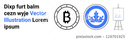 Bitcoin symbol in coin, blockchain leaf emblem in circle, art easel with abstract shapes in blue, black, and white. Ideal for fintech, cryptocurrency, investment, art, minimalism, modern tech 128701925