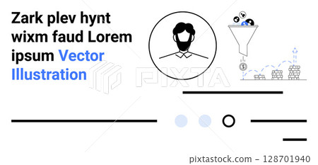 Funnel with icons representing data filtering, user profile in circle, and placeholder text. Ideal for data analysis, data processing, marketing strategies, user management, SEO, business solutions 128701940