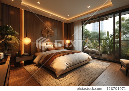 Tropical Modern Bedroom With Large Windows 128701971