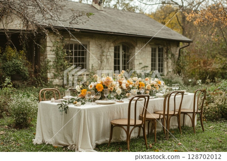 Elegant Outdoor Dining With Floral Decor 128702012