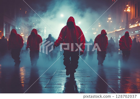 Mysterious Crowd In Foggy Street 128702037