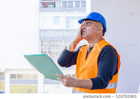 Tired and exhausted mechanical technician or building contractor. Bad news triggering headache Tired and exhausted mechanical technician or building contractor. Bad news triggering headache 128702065