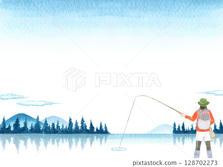 溪流釣魚、河釣、釣魚、釣魚者背景、水彩插圖 128702273