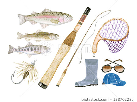 Stream fishing, river fishing, fishing set, watercolor illustration Stream fishing, river fishing, fishing set, watercolor illustration 128702283