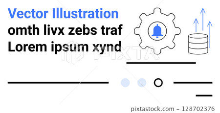 Gear with notification bell, database stack with upward arrows, text blocks, and horizontal lines in blue and black. Ideal for web development, tech industry, data management, workflows, user 128702376