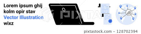 Black laptop, documents, and network map with blue location pins. Ideal for business, technology, education, marketing, communications, remote work, presentations Landing page 128702394