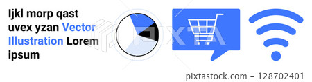 Pie chart with segments in grey, white, blue, black blue shopping cart inside a speech bubble blue wireless signal icon. Ideal for e-commerce, connectivity, data analysis, shopping, online services Pie chart with segments in grey, white, blue, black blue shopping cart inside a speech bubble blue wireless signal icon. Ideal for e-commerce, connectivity, data analysis, shopping, online services 128702401