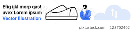 Vector sneakers, thoughtful man in blue, and cloud with arrows. Ideal for modern business, technology, cloud computing, data exchange, innovation, digital marketing, and lifestyle content. Landing Vector sneakers, thoughtful man in blue, and cloud with arrows. Ideal for modern business, technology, cloud computing, data exchange, innovation, digital marketing, and lifestyle content. Landing 128702402