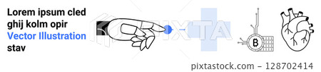 Hand pointing at dot, medical cross, blood test chart, heart illustration. Ideal for medical websites, educational materials, healthcare apps, scientific research, diagnostics tools, medical blogs Hand pointing at dot, medical cross, blood test chart, heart illustration. Ideal for medical websites, educational materials, healthcare apps, scientific research, diagnostics tools, medical blogs 128702414