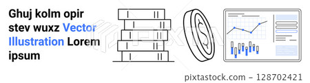 Text block, stack of books or documents, coin, and analytics board with graphs and charts. Ideal for finance, education, data analysis, business strategy, investment planning, economic growth Text block, stack of books or documents, coin, and analytics board with graphs and charts. Ideal for finance, education, data analysis, business strategy, investment planning, economic growth 128702421