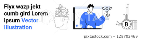 Person with trophy in blue outfit, head with flowers, Bitcoin diagram. Ideal for tech, finance, mental health, achievement, innovation, education, digital transformation themes. Landing page 128702469