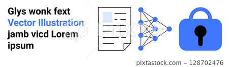 Text, document, network nodes, and blue padlock representing data protection. Ideal for cybersecurity, data storage, digital communication, privacy policies, network security, secure file sharing 128702476