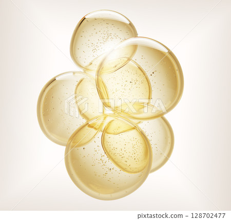 3d gold drops texture with bubbles inside. Olive or argan oil, omega vitamin circle balls. Liquid honey, clear serum, collagen gel, hyaluronic essence. Cosmetic, fuel or yellow water. 3D illustration 128702477