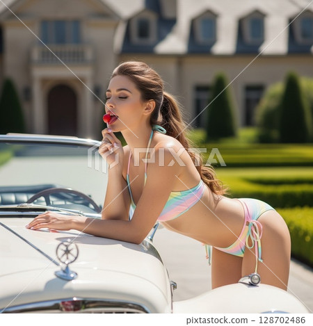 Sexy girl in white bikini at American mansion in midsummer Light blue vintage car and sexy summer 128702486