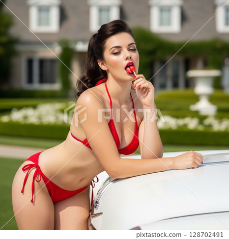 Sexy girl in red bikini at American mansion in midsummer Light blue vintage car and sexy summer 128702491