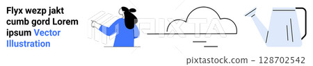 Woman in blue pointing towards a cloud with a watering can beside her, symbolizing growth and nurture. Ideal for technology, environment, gardening, education, presentations, websites, startups Woman in blue pointing towards a cloud with a watering can beside her, symbolizing growth and nurture. Ideal for technology, environment, gardening, education, presentations, websites, startups 128702542