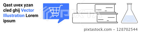 Shopping cart in speech bubble, stacked books, laboratory flask. Ideal for e-commerce, education, research, science, online shopping, academic resources, scientific studies. Landing page 128702544