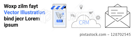 Smartphone with online store, cloud with CRM text, envelope icon for email. Ideal for e-commerce, digital marketing, customer relationship management, technology, mobile apps, online business 128702545