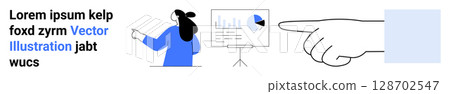 Businesswoman presenting data on a flip chart with pie and bar graphs, large hand gesturing toward the chart, and placeholder text. Ideal for presentations, business training, education, informative Businesswoman presenting data on a flip chart with pie and bar graphs, large hand gesturing toward the chart, and placeholder text. Ideal for presentations, business training, education, informative 128702547
