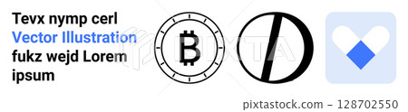 Three abstract symbols including a Bitcoin icon, a monochrome half-circle, and a color-filled diamond geometric shape. Ideal for tech, finance, cryptocurrency, modern design, UXUI, web design Three abstract symbols including a Bitcoin icon, a monochrome half-circle, and a color-filled diamond geometric shape. Ideal for tech, finance, cryptocurrency, modern design, UXUI, web design 128702550