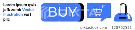 Buy button, shopping cart thought bubble, shopping bag. Ideal for e-commerce, online shopping, web design, digital marketing, consumer behavior, retail, landing pages. Landing page Buy button, shopping cart thought bubble, shopping bag. Ideal for e-commerce, online shopping, web design, digital marketing, consumer behavior, retail, landing pages. Landing page 128702551