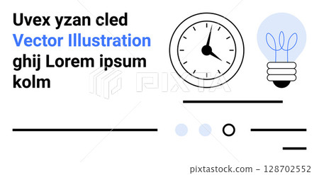 Clock with black dials, light bulb with blue filaments, three lines of placeholder text, and progress bar elements. Ideal for time management, creativity, minimalism, modern design, clean aesthetics 128702552