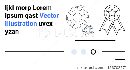 Gears, award ribbon, black and blue mock text, minimalistic lines and shapes. Ideal for corporate design, achievement representation, technology themes, user interface design, landing page content Gears, award ribbon, black and blue mock text, minimalistic lines and shapes. Ideal for corporate design, achievement representation, technology themes, user interface design, landing page content 128702571