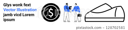 Two people shaking hands, a currency symbol in a circle, and a simple shoe icon. Ideal for business agreements, partnerships, finance, commerce, fashion, casual lifestyle, marketing elements. Landing Two people shaking hands, a currency symbol in a circle, and a simple shoe icon. Ideal for business agreements, partnerships, finance, commerce, fashion, casual lifestyle, marketing elements. Landing 128702581