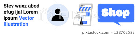 Three elements showing a user profile icon, a storefront with shopping bags, and a chat bubble with the word shop. Ideal for e-commerce, digital marketing, online shopping, customer support 128702582