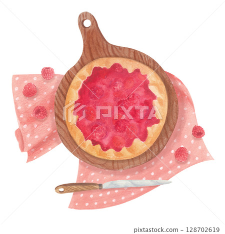Raspberry pie on wooden board with pink polka dot napkin. Hand-drawn watercolor illustration. 128702619