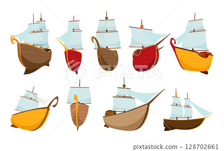 Collection of yachts, sailboats or sailing ships. Cruise travel company icons design. Stylized cartoon pirate ship. Vector old vessels Collection of yachts, sailboats or sailing ships. Cruise travel company icons design. Stylized cartoon pirate ship. Vector old vessels 128702661