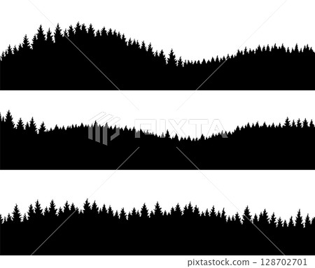Set of mountains silhouettes landscape background. Rocky panorama with mountains skyline and pine tree forest. Scenery with slopes, vector cartoon illustration 128702701