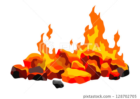 Burning coal. Realistic bright flame fire on coals heap. Closeup vector illustration for grill blaze fireplace, hot carbon or glowing charcoal image Burning coal. Realistic bright flame fire on coals heap. Closeup vector illustration for grill blaze fireplace, hot carbon or glowing charcoal image 128702705