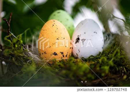 bird nest with colored Easter eggs on branches of green trees, easter decoration, selective focus bird nest with colored Easter eggs on branches of green trees, easter decoration, selective focus 128702748