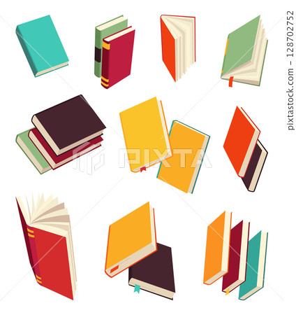 Vector books icon set. Learning or education concept. Different design of books or notebooks. Reading, learn and receive education through books. Read more books 128702752