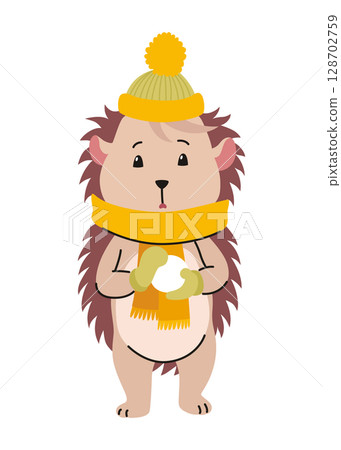 Lovely hedgehog with hat and snowball. Cute funny wild forest animal. Prickly cartoon character. Vector isolated illustration 128702759