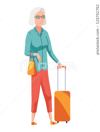 Elderly people hobby. Healthy and active lifestyle. Old or senior people spending leisure time. Grandmother are traveling. Flat vector illustration isolated on white background Elderly people hobby. Healthy and active lifestyle. Old or senior people spending leisure time. Grandmother are traveling. Flat vector illustration isolated on white background 128702762