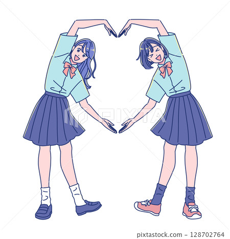 Two female students making a heart pose 128702764