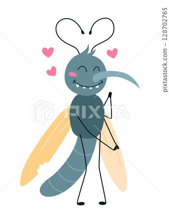Cartoon mosquito, lovely character. Bloodsucker insect, color flat icon. Cute mosquito isolated vector illustration 128702765