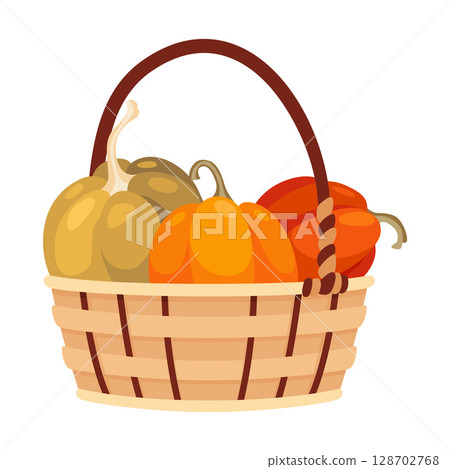 Basket autumn harvest icon. Grocery products in eco basket. Fresh organic healthy vegetarian food. Wicker baskets with autumn harvest of vegetables isolated on white 128702768
