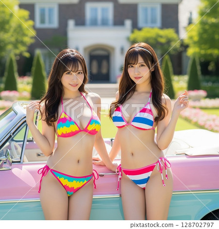 Intimate relationship between two beautiful couples in a summer mansion with vintage cars and colorful bikinis 128702797