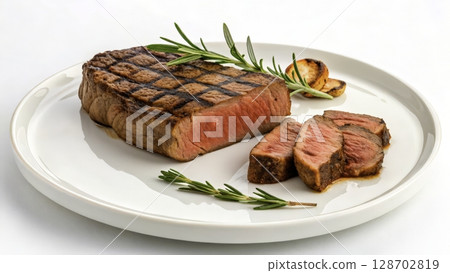 Grilled steak served with rosemary and charred garlic on a white plate at a dining setting 128702819