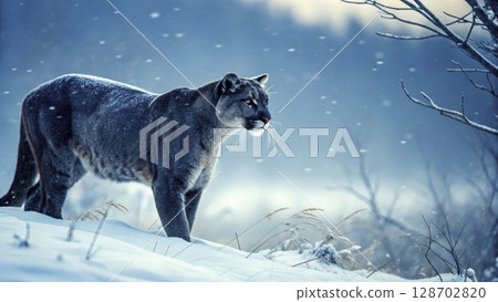 Mountain lion walks gracefully through snow-covered landscape during winter twilight in the wilderness 128702820