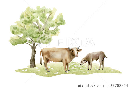 Watercolor grazing cow with baby calf on green grass meadow and tree illustration isolated on white. Pasture farm animals with wildflowers clip art for village designs. Hand drawn cattle sketch 128702844